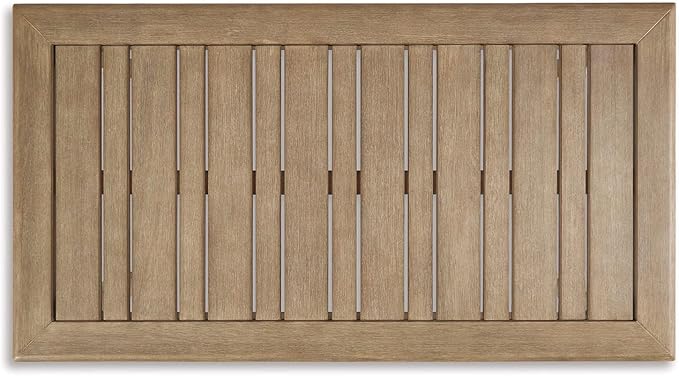 Signature Design by Ashley Gerianne Contemporary Outdoor Rectangular Cocktail Table, Slatted Top Sheds Rainwater, Eucalyptus Wood, 50" W x 26" D x 18.63" H, Beige