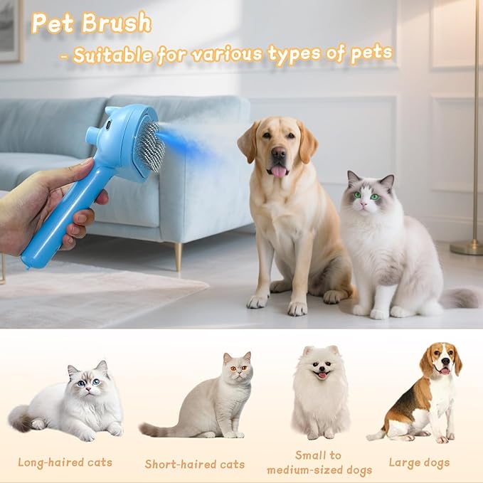5-in-1 Pet Steam Brush for Cats & Dogs – Grooming, Shedding, Massage & One-Touch Clean for Short & Long Hair Pets – Electric Cat Brush with Comb & Steam (Blue)