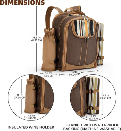 apollo walker Picnic Backpack Bag for 2 Person with Cooler Compartment, Detachable Bottle/Wine Holder, Fleece Blanket, Plates and Cutlery(2 Person, Brown)