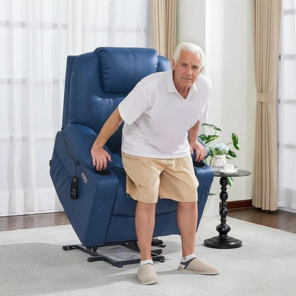 MCombo Electric Power Lift Recliner Chair Sofa with Massage and Heat for Elderly, 3 Positions, 2 Side Pockets, and Cup Holders, USB Ports, Faux Leather 7040 (Blue, Medium)