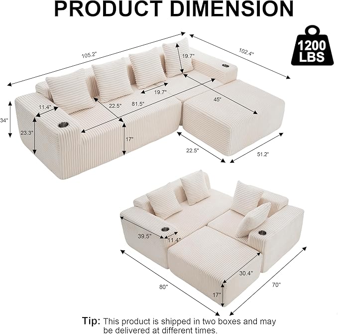 106" Modular Sectional Sofa, Modern Cloud L-Shape Couch with Ottoman Chaise, Comfy Deep Seat Chenille Boneless Couches for Living Room, No Assembly Required, Beige