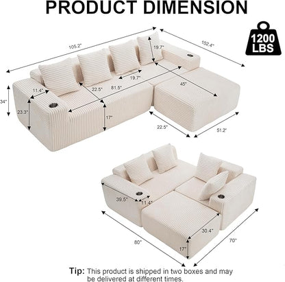 106" Modular Sectional Sofa, Modern Cloud L-Shape Couch with Ottoman Chaise, Comfy Deep Seat Chenille Boneless Couches for Living Room, No Assembly Required, Beige