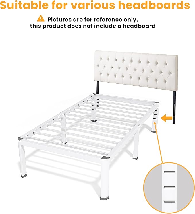 18 Inch Twin Size Metal Bed Frame with Round Corners, Storage Space Under High Bed Frame-Heavy Duty Steel Slats Support, Noise Free - Easy Assembly - No Box Spring Needed,White