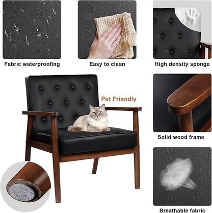 STHOUYN Mid Century Modern Chair, PU Leather Accent Chair Set of 2 with Wood Arms, Living Room Chairs, Reading Armchair for Bedroom, Waiting Room, Office (2, Black 1)