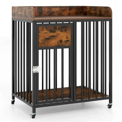 2-in-1 Dog Crate Furniture With Thickened Metal Tubes, Lockable Wheels Pet Kennel For Small Dogs