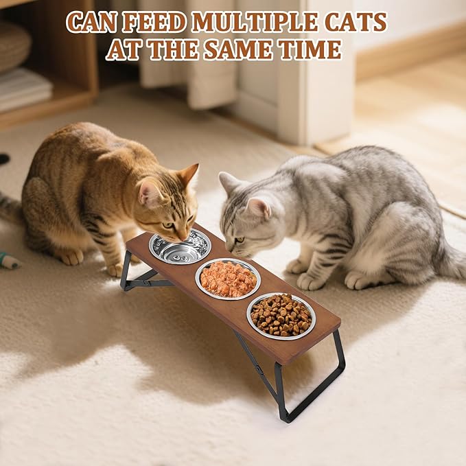 Foldable Raised Cat Bowls Holder 3 Stainless Steel Dog Cat Feeder 12 °Tilt Elevated Pet Water Food Bowls for Cats Puppies Rabbits