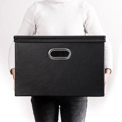 PRANDOM Large Stackable Storage Boxes with Lids [5-Pack] Leather Fabric Foldable Storage Bins Organizer Containers Baskets Cubes with Cover for Bedroom Closet Office Nursery Black(17.7x11.8x11.8)