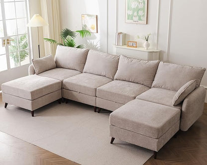 Rexulqo 135'' Modular Sectional Sofa with All Seats Storage, Oversized U Shaped Couch for Living Room,4-Seater Comfy Cloud Couch with Movable Ottoman,Big Sectional for Bedroom,Velet,Khaki
