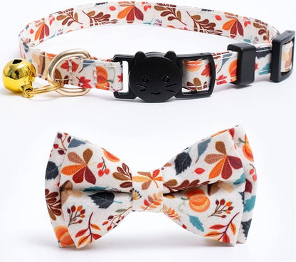 2 Pack Cotton Fall Cats Collar with Bow Tie Orange Green Cat Collars for Girl Female Boy Male Cat Collar with Bell Halloween Collars for Cats