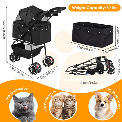 Pet Stroller,Dog Stroller for Small Medium Dogs Cats,3 Wheels,Foldable,with Breathable Mesh Canopy,Cup Holders,Easy Assembly,Black