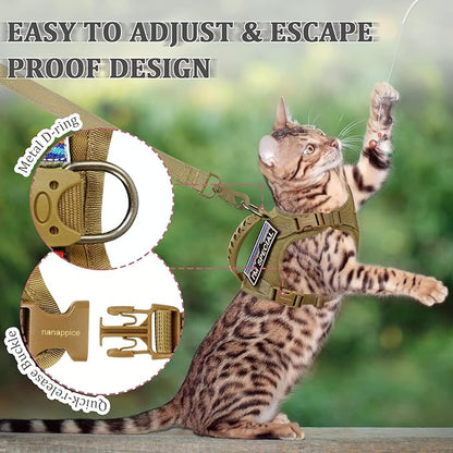 Tactical Cat Harness and Leash for Walking Esacpe Proof,Adjustable Soft Mesh Large Cat Vest with Rubber Handle Easy to Control,Molle Patches