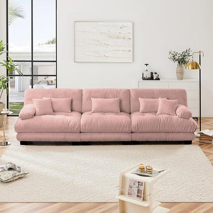 133.8" Oversized Couch, 3 Seater Modular Sectional Sofa, Pink Large Fluffy Chenille Cloud Couch with 5 Pillows, Deep Seat Sofas for Living Room