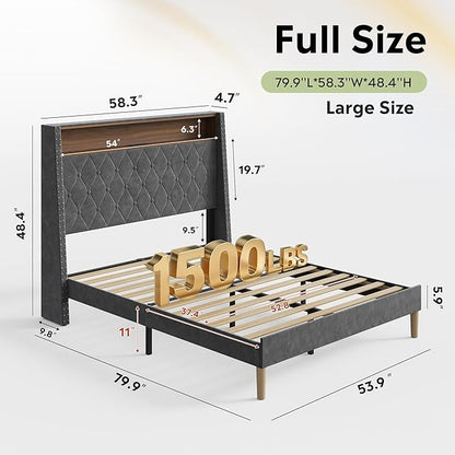 WLIVE Full Size Upholstered Bed Frame with Storage Headboard, Velvet Square Tufted Platform Bed with Charging Station, Sturdy Metal & Wooden Slats Support, No Box Spring Needed, Grey