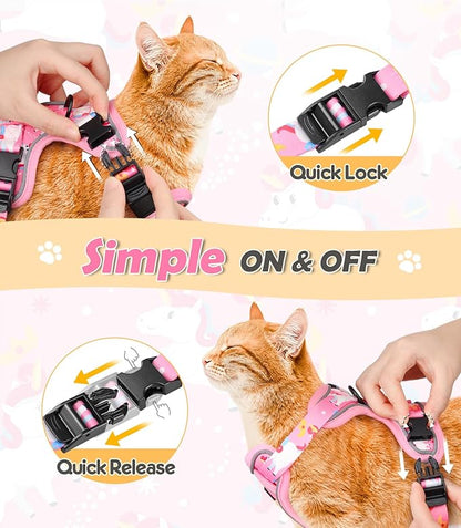 Halypet Cat Harness and Leash Set[MAX Safety 4th-Gen] Cute Escape Proof Vest Harness for Girl&Boy Cat Walking, Comfortable Adjustable Leash and Reflective Strips for Outdoor Kitten, XS Pink Unicorn
