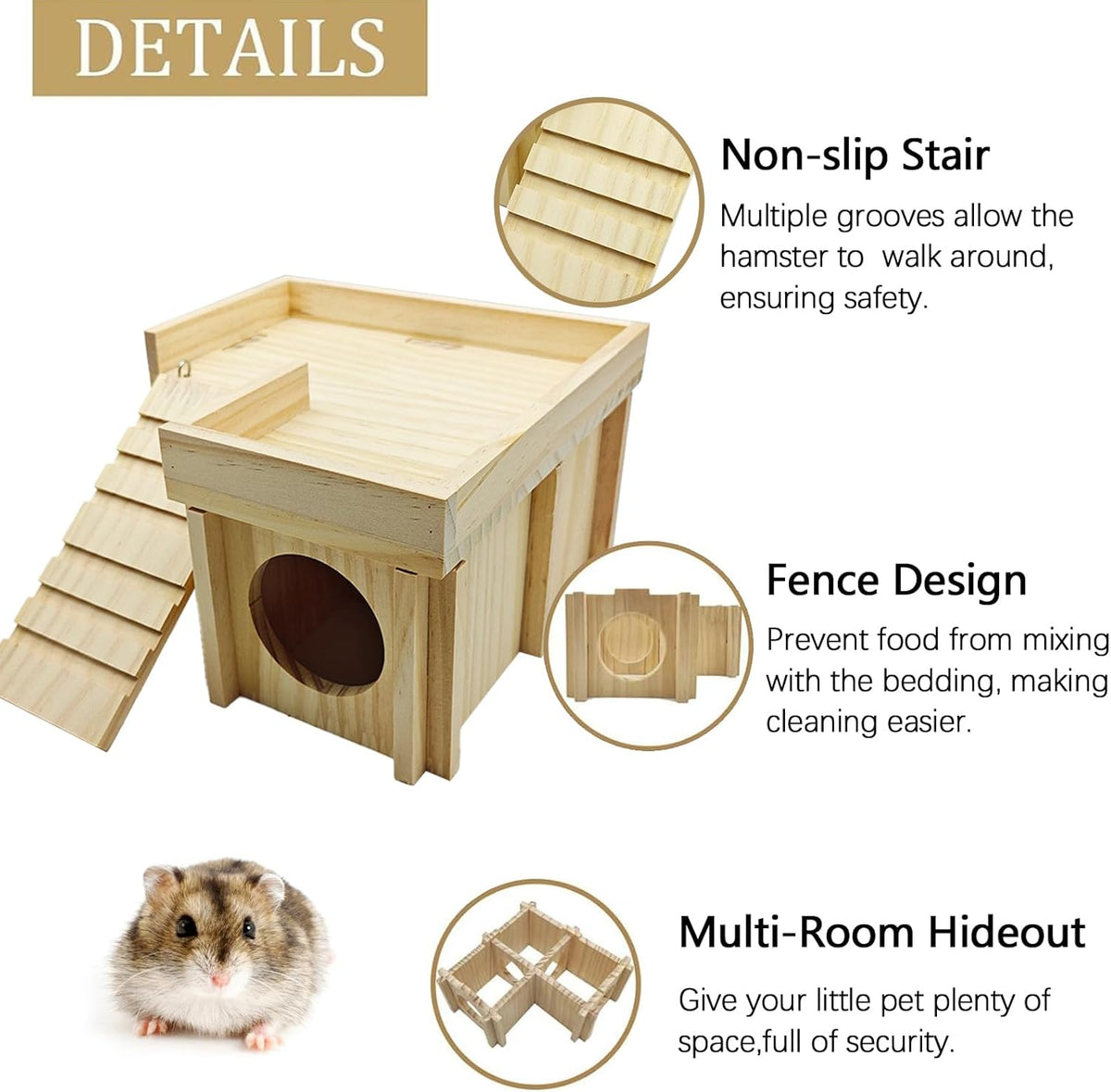 Wooden Hamster Hideout Hamster Wood House with Ladder Hides Platform Decor Detachable Small Animals Cage Accessories for Rat Gerbils and Other Small Pets
