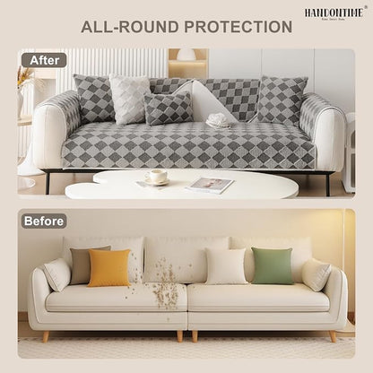 HANDONTIME Non-Slip Pet Couch Cover Washable, Plush Faux Fur Couch Protector for Cushion Pet-Friendly Sofa Covers for Dogs, Checkered Diamond Sectional Covers Dog Mat for Sofa (Grey, 35.6" x 63")