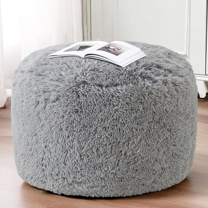 HIGOGOGO Round Stuffed Pouf Ottoman, Long Faux Fur Poufs with Foam Chunk Filling, Fluffy and Furry Pouf Foot Stool Storage Ottoman, 26 X 18 Floor Poufs Foot Rest for Living Room, Light Grey