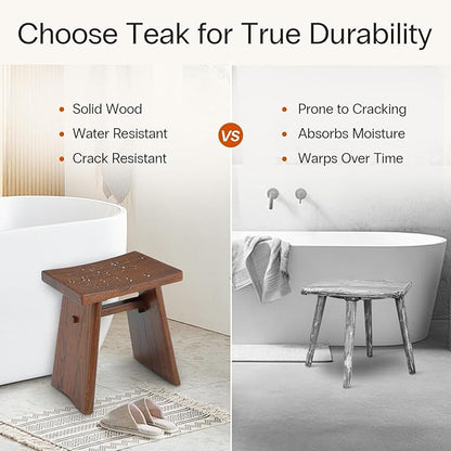 StrongTek Teak Shower Stool, 18-Inch Solid Teak Wood Bath Seat Bench for Bathroom, Spa & Home, Ergonomic Curved Seat, Water-Resistant, 350 lbs Capacity, Stable Structure & Smooth Finish, Dark Brown