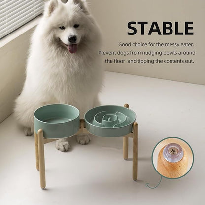 Havniva Elevated Slow Feeder Dog Bowls, Ceramic Dog Bowl Slow Feeder Set | 3.2 Cups Raised Slow Feeder Dog Bowl for Large Breed, 8.2” Dog Water Bowl with Wooden Stand, Puzzle Dog Food Bowl, Non-slip