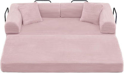 ZQRhome 79" 5-in-1 Convertible Sofa Bed, Luxe Sleeper with Reinforced Frame & Plush Support, No Assembly Corduroy Couch for Lounge, Bedroom & Dorm, Pink