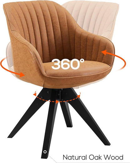 Art Leon Dining Chair, Mid Century Modern Faux Leather Upholstered Swivel Dining Room Chair with Wood Legs, Leisure Side Chair with Arms for Living Room, Brown