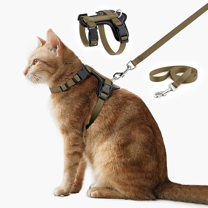Plutus Pet Adjustable Cat Harness and Leash Set, Quick Release, Escape Proof Nylon Vest with Leather Trim for Kitten, Small Medium Large Cats, Brown