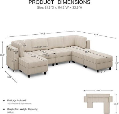 114.2" Modular Sectional Sofa with Deep Storage Seat,Corduroy 7 Seat U Shaped Sofa Couch,Modular Sofa Couch with Movable Ottoman Chaise,Upholstered Sectional Couches for Living Room,Beige