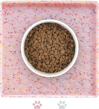 Ptlom Dog Food Mat Anti-Slip Dog Bowl Mats for Food and Water, Waterproof Pet Placemat Prevents Messy Spill to Floor, Silicone Puppy Feeding Tray for Small, Medium and Large Dogs Cats, Pink