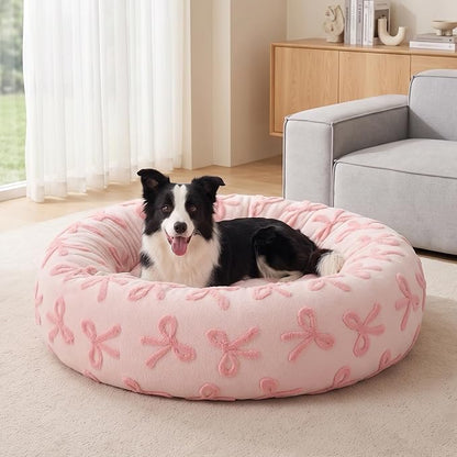 JOEJOY Jacquard Donut Round Dog Beds Medium Sized Dog,Pink 30x30x8in, Removable Washable Cover, Cute Pattern, Ultra Soft Fluffy Calming Pet Bed with Thick Supportive Bolster