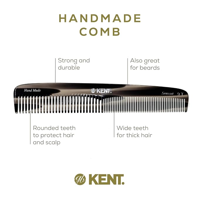 Kent 9T Black Graphite Fine Tooth and Wide Tooth Comb Detangler Hair Combs - Large Handmade and Saw-Cut Dressing Combs - Wet Hair Comb for Women and Durable Grooming for Men Made in England