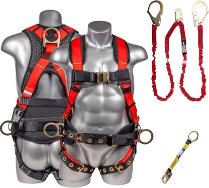 Fall Protection Hammerhead Kit I 5pt Safety Harness, 6' Double Leg Lanyard, 18" D-Ring Extender (Red - LG)