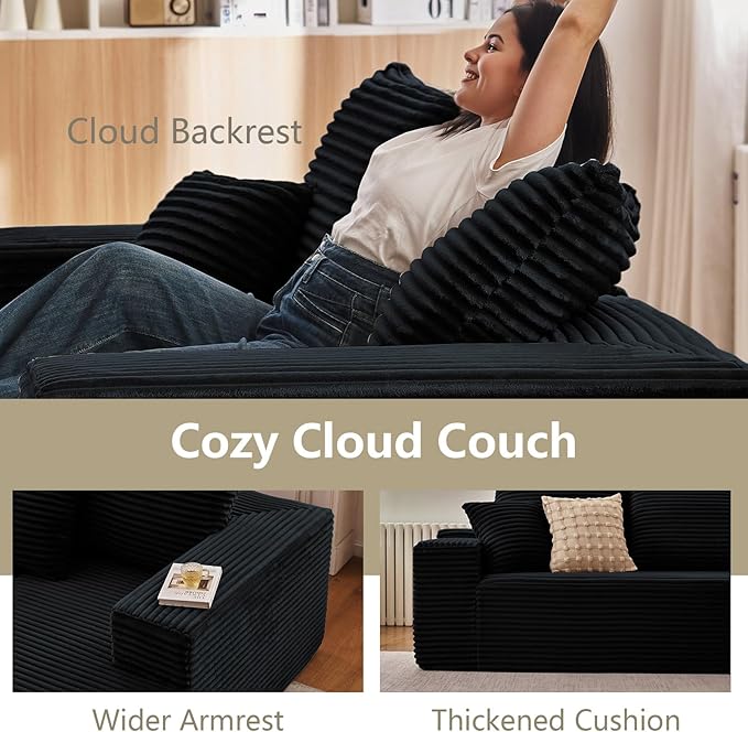 167.7" Sectional Cloud Couch for Living Room, Stupendous U Shaped Sofas, Modular Floor Deep-Seat Sofa, Big Comfy Corduroy Couches Set with Fluffy Memory Foam, No Assembly Required, Black