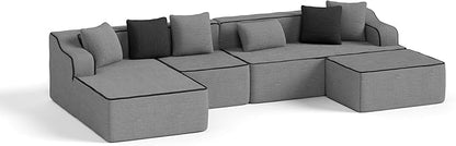 PHI VILLA Cloud Modular Couch, Boneless Sectional Sofa with U-Shaped Chaise, 6-Seater Couches with Movable Ottoman for Living Room, No Assembly Required, Corduroy, Grey