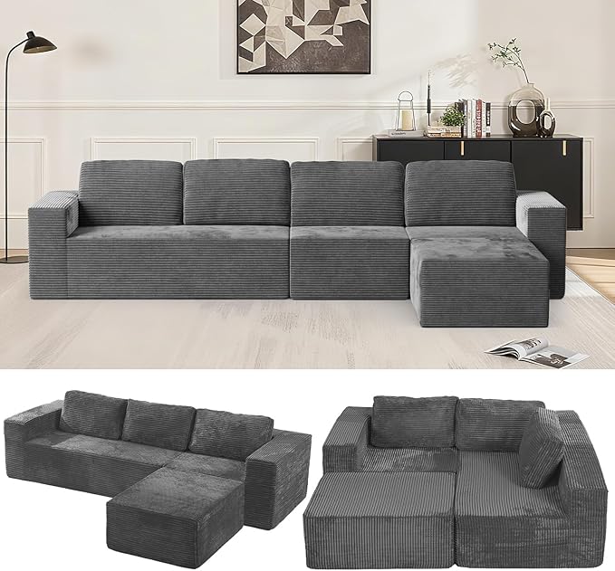 136" Modular Sectional Sofa with L-Shape Chaise, Right/Left Facing Deep Seat Cloud Couch, No Assembly Required, Upholstered Couch for Living Room Bedroom (Deep Grey, Plush Corduroy Fabric)