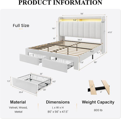 SHA CERLIN Velvet Full Size Bed Frame with Vertical Channel Tufted Wingback Headboard & 2 Storage Drawers/2-Tier Shelves with LED Lights & Charging Station/Noise-Free/No Box Spring Needed/White
