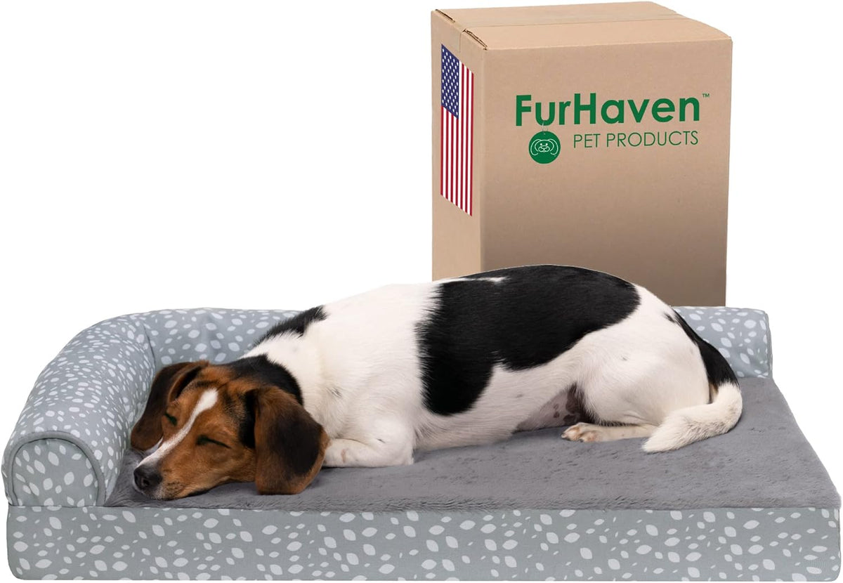 FurHaven Supportive Cooling Memory Foam L Chaise Dog Bed with Washable & Removable Cover - Plush & Almond Print - Gray Almonds, Dogs Up to 35 lbs - Medium