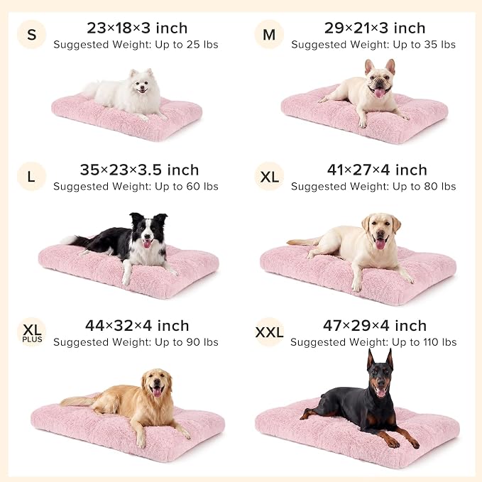JOEJOY Dog Bed Crate Pad, Deluxe Plush Washable Dog Beds Fulffy Soft Kennel Pad Anti-Slip Pet Sleeping Mat for Small Dogs，23" x 18", Pink