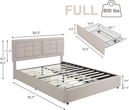 VECELO Full Size Bed Frame with 4 Drawers, Adjustable Tufted Button Headboard, Upholstered Platform with Wood Slats Support, Built-in USB and Type C Ports, Beige