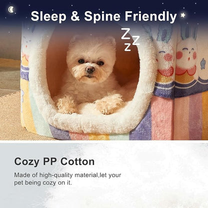 Cute Small Dog House Indoor,Foldable House Kennel Bed Mat with Cushion | L Size Tent for 11-16 lb Dogs and 18-22 lb Cats, Dog Cave Bed with Non-Slip Bottom,Rainbow,Soft Cozy Dog Cave Bed