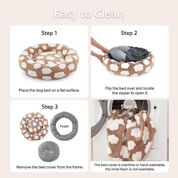 JOEJOY Jacquard Donut Round Dog Beds Medium Sized Dog,Brown 30x30x8in, Removable Washable Cover, Cute Pattern, Ultra Soft Fluffy Calming Pet Bed with Thick Supportive Bolster
