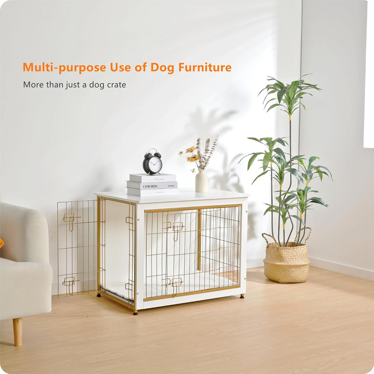 DWANTON Dog Crate Furniture with Cushion, Wooden Kennel Table with Double Doors, Indoor Dog House, Medium Size, 32.5" L, White