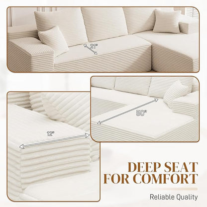 108" Boneless Cloud Sectional Couches for Living Room, Comfy Fluffy L Shaped Memory Foam Deep Seat Boneless Couch, Modular Sectional Sofa with Right Facing Chaise, White