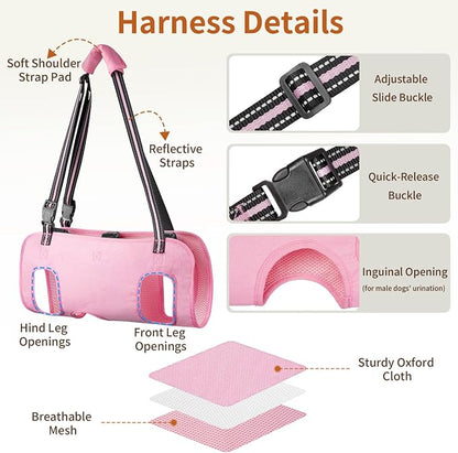 Full Body Dog Lift Harness, Support Senior & Disabled Dogs Walking | Help Up & Down Stairs Grooming, Dog Sling Backpack, Front Hind Leg Joint Injuries, Reflective, Soft Padded Handle | Pink, L