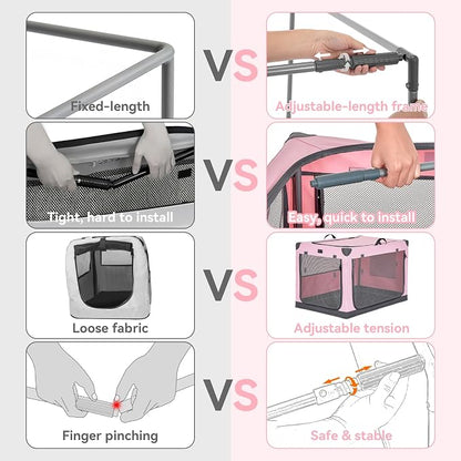 PETSFIT 30" Soft Portable Dog Crate – Patented Spiral Sturdy Frame, Collapsible Travel Kennel for Medium Dogs, 3 Mesh Door, Lockable Zippers, Indoor & Car Use Pink