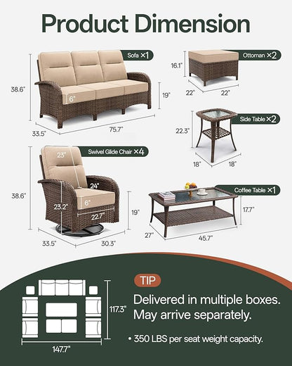 10-Piece Patio Furniture Set with 6-Inch Thick Cushions, High Back Outdoor Couch and Swivel Rocker Chairs, All-Weather Conversation Set for Porch, Deck, Yard, Pool in Beige