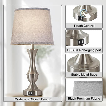 Touch Table Lamps Set of 2, 22" Tall Bedside Lamps, Nightstand Lamps with USB C+A Charging Ports, Dimmable Lamp for Bedrooms, Living Room, Office, Silver Lamp with Grey Lampshade, Bulbs Included