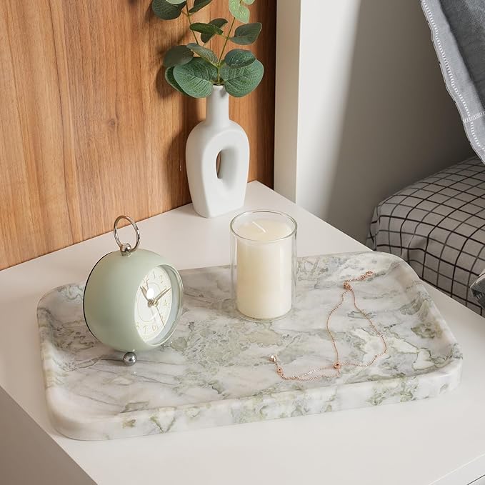 Marble Vanity Tray, Large Stone Bathroom Tray for Countertop, 14'' African Gem Genuine Marble Decorative Tray for Dresser, Green Kitchen Trays for Counter,Perfume Storage, Non-Resin/Ceramic