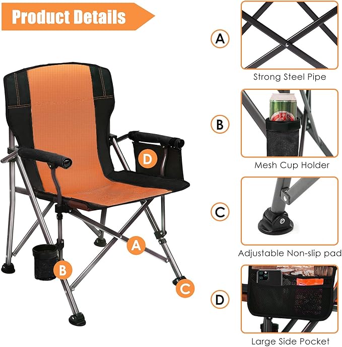 LEADALLWAY Folding Camping Chair Oversized Collapsible Camp Chair with Cup Holder and Removable Storage Bag, Heavy Duty Support 350 LBS, Portable Lawn Chair for Outdoor Camp, Picnic, Travel, Fishing