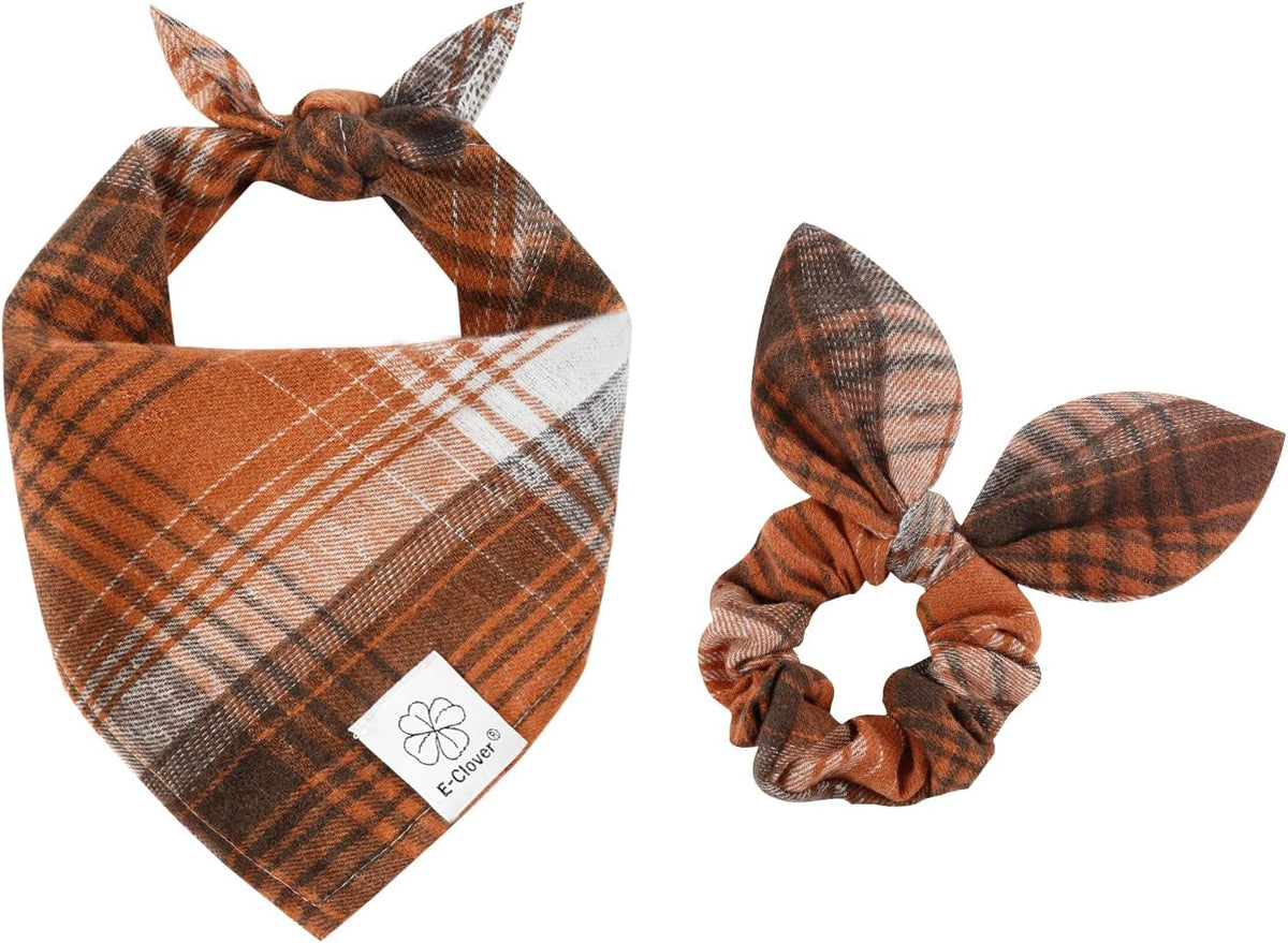 E-Clover Brown Plaid Dog Bandana & Matching Scrunchie-Fall Dog Bandana Triangle Plaid Pet Scarf Bib for Small Dogs Puppy Girl Boy Owner Gift