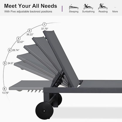 PURPLE LEAF Patio Lounge Chair Set for 2 Outdoor Chaise Lounge with Adjustable Backrest and Easy-to-Move Wheels Aluminum Reclining Lounge Chair for Outside Yard Pool Side Table Included, Charcoal Grey